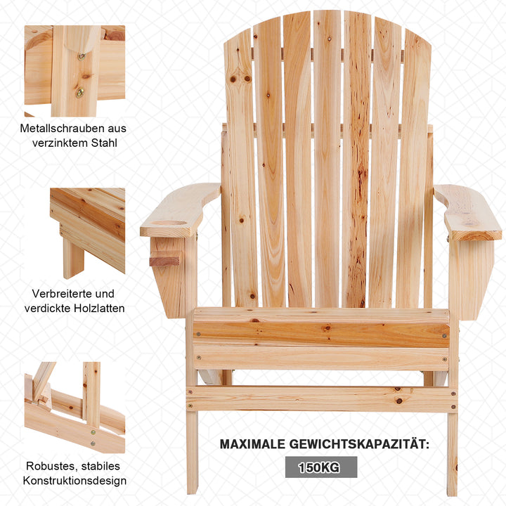 Adirondack havestol med kopholder, haveliggestol, balkonstol, massivt træ, naturlig finish, 72,5 x 97 x 93 cm