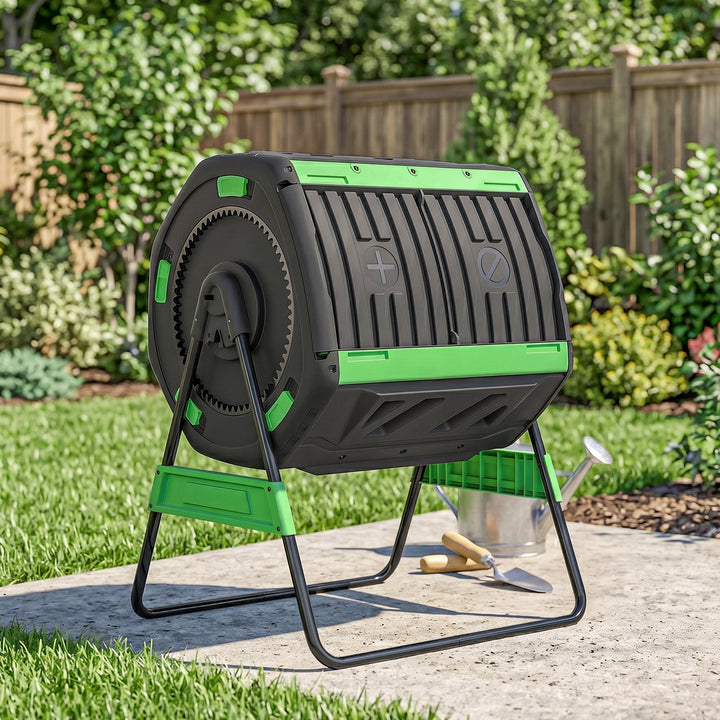 Kompostbeholder, 200L dobbeltkammerkomposter med justerbare ventilationsåbninger, BPA-fri, grøn