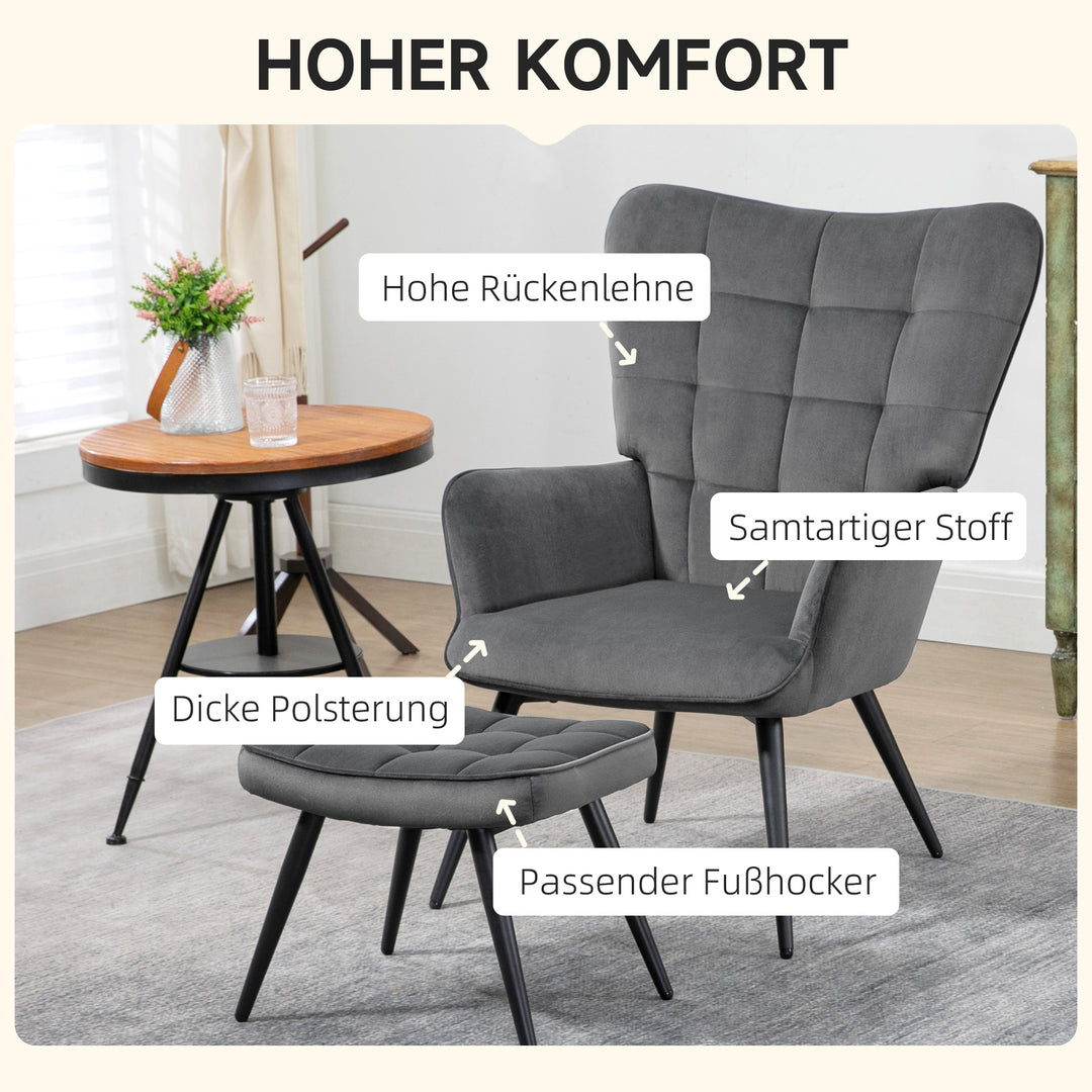 Lænestol med fodskammel og fodskammel, sæt med 2 dele, grå