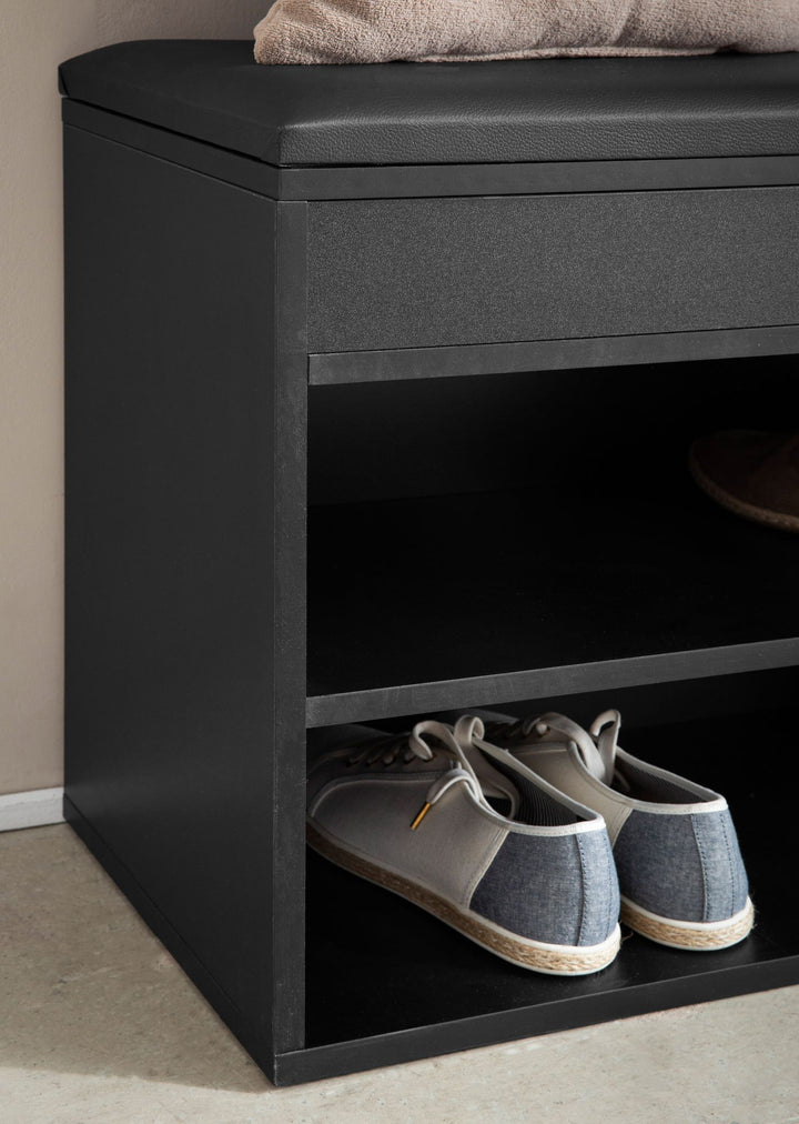 Skobænk med sæde, entrébænk 104x51x32 cm, sort kunstlæder, lille polstret træbænk, smal entrébænk med opbevaring, kommodebænk, skokommode, entrémøbler