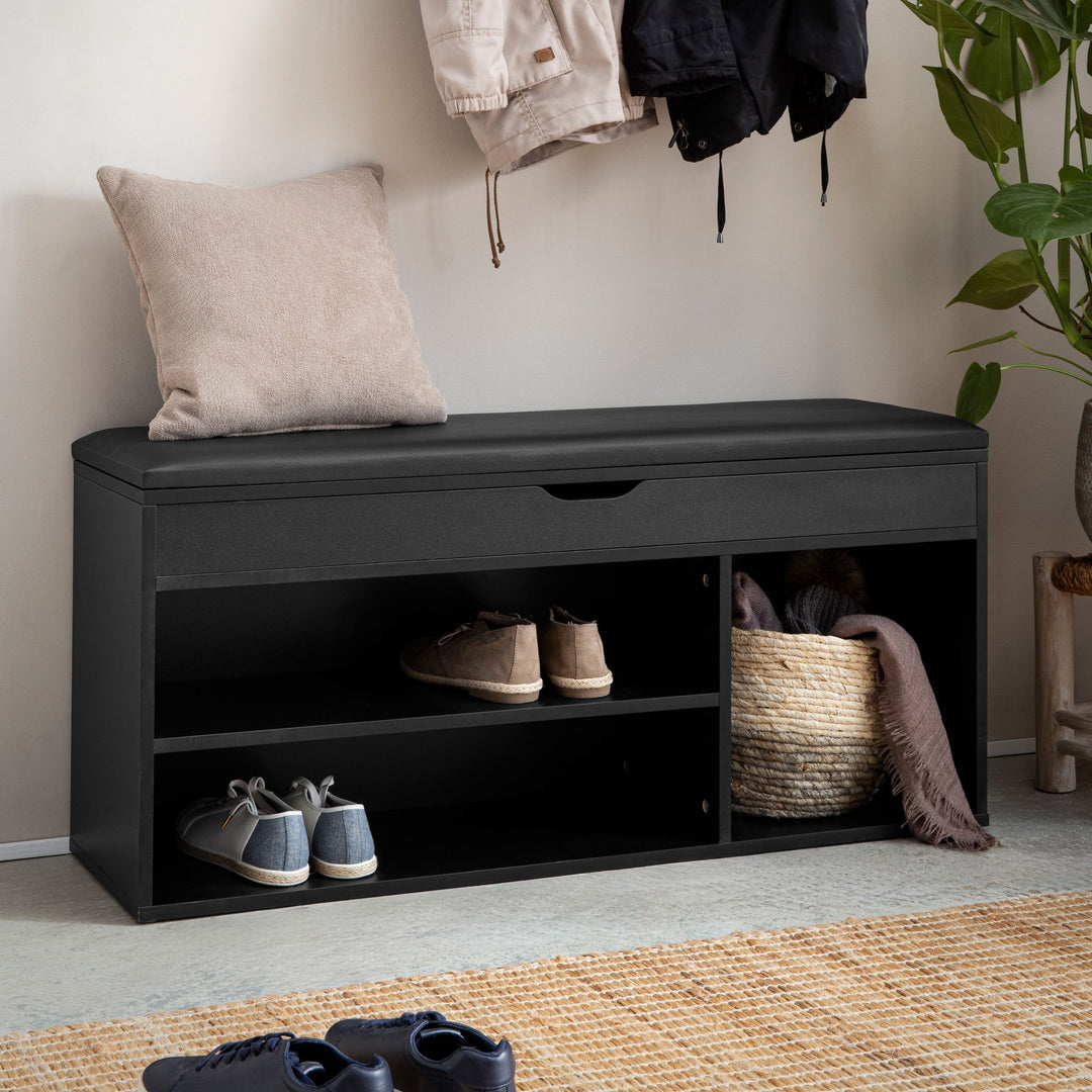 Skobænk med sæde, entrébænk 104x51x32 cm, sort kunstlæder, lille polstret træbænk, smal entrébænk med opbevaring, kommodebænk, skokommode, entrémøbler