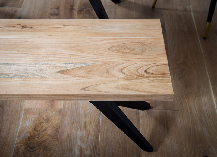 Spisebænk 160x45x45 cm, massivt akacietræ, metal, loftstil; spisebænk i massivt træ uden ryglæn; køkkenbænk i industriel stil; stor spisebænk