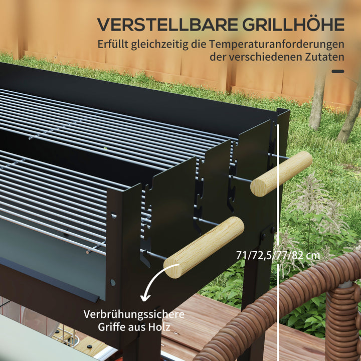 Kulgrill, grillvogn, 2 grillflader, 2 hjul, håndtag, hylder, 113 x 53,5 x 82,5 cm, sort