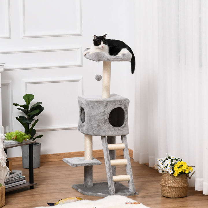 Kradsetræ 120 cm kattetårn med hule, legebold, sisalstolper, platform, trappe, kradsetræ i flere niveauer til katte, klatretræ til katte, lysegrå
