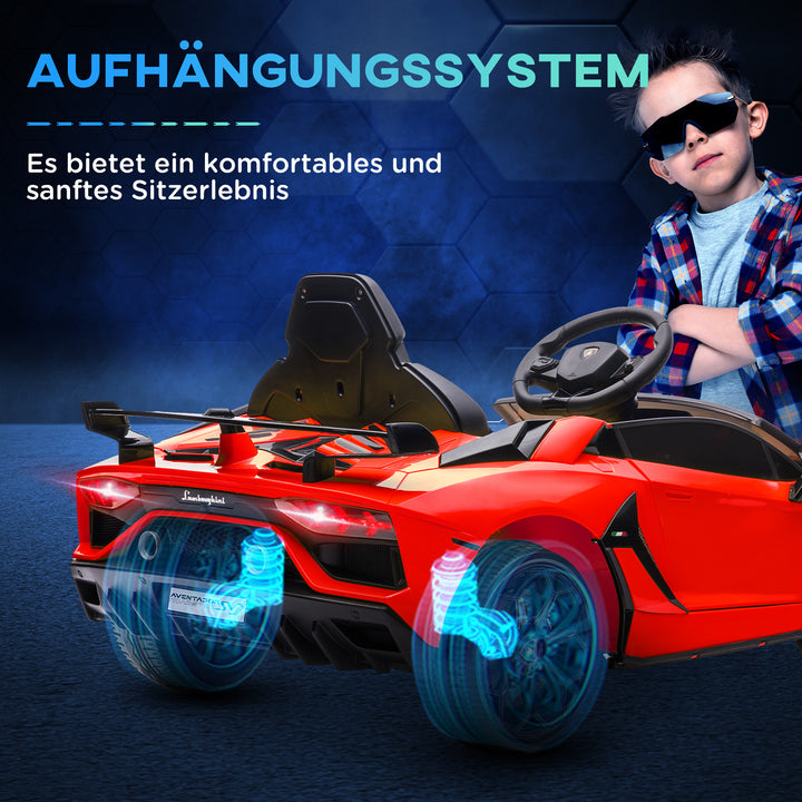 Elektrisk børnebil, Lamborghini Aventador med licens, mågevingedøre, musik, horn, til 3-5 år, rød