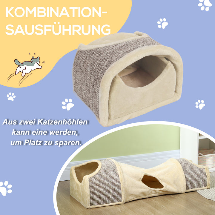 Kattetunnel med 3 åbninger, plys, sisal kradsereb, 107 x 38 x 29 cm, beige/grå