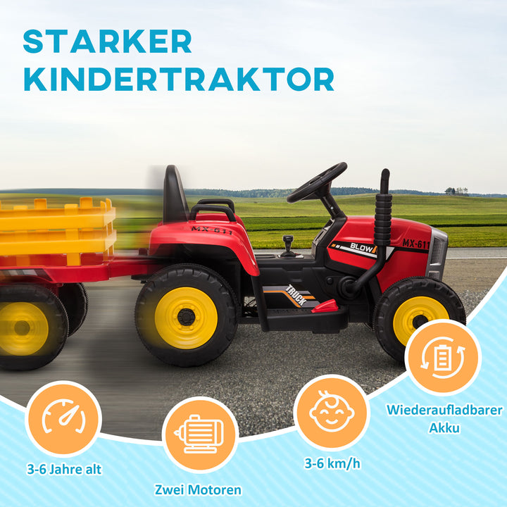 Elektrisk børnebil, børnetraktor, inkluderer forældrefjernbetjening, maks. hastighed på 6 km/t; rød + sort