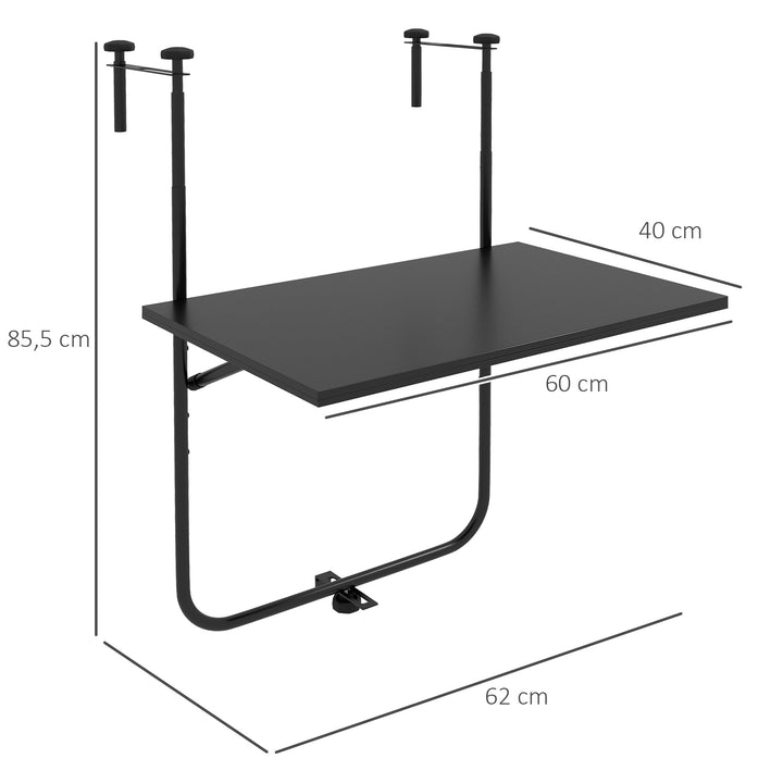 Balkonbord, til gelændere 6-15 cm tykt, justerbart, foldbart, rustfri metal, 62x60x85,5 cm, sort
