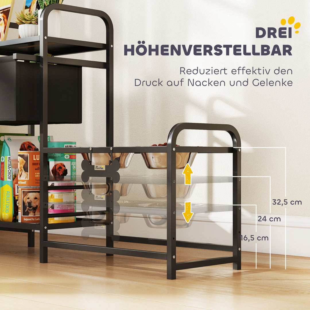 Hævet hundeskål, højdejusterbar, madskål med opbevaringsplads, vandskål, 2 x 800ml skåle i rustfrit stål, 89,5x27x74 cm, sort