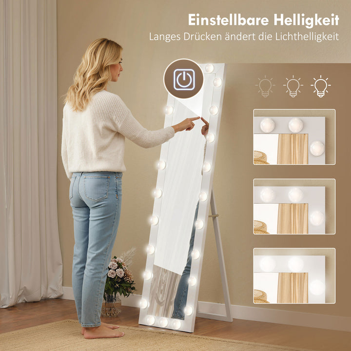 Helfigursspejl 150x40 cm LED-spejl med 24 lyspærer, 3 lysfarver, fritstående eller lænende, hvid