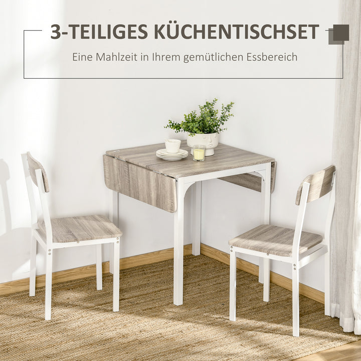 2-delt siddesæt, foldbart spisebord med 2 stole, klapbord, 110 cm x 70 cm x 75 cm, hvid + natur
