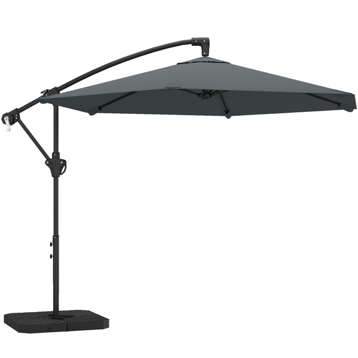 Fritstående parasol ca. Ø300 cm, solskærm med låsemekanisme, håndsving, stativ, vægte, mørkegrå