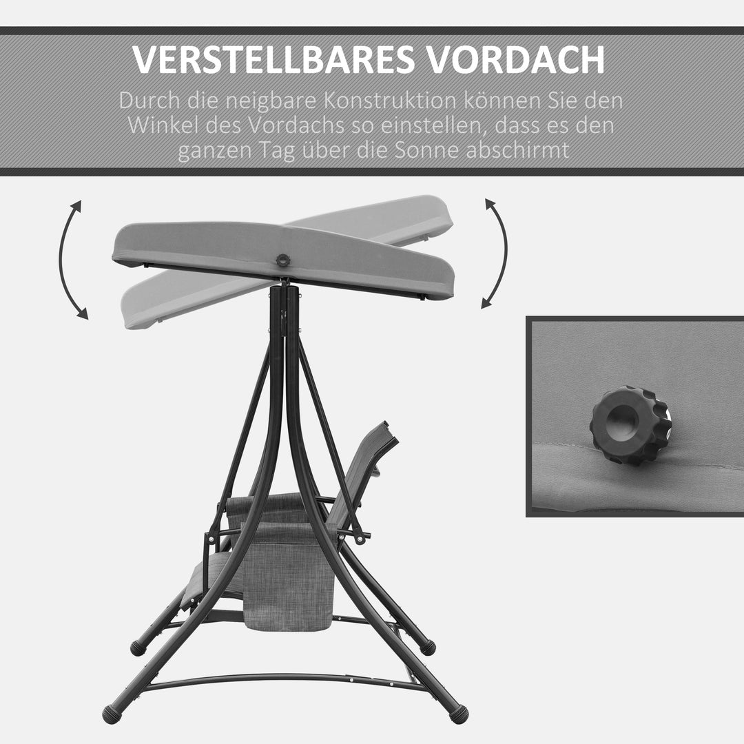Hollywood-gynge med sidelomme, 3-personers havegynge med justerbar solskærm, gyngebænks bæreevne op til 300 kg, til have, terrasse, 196 x 128 x 172 cm, mørkegrå