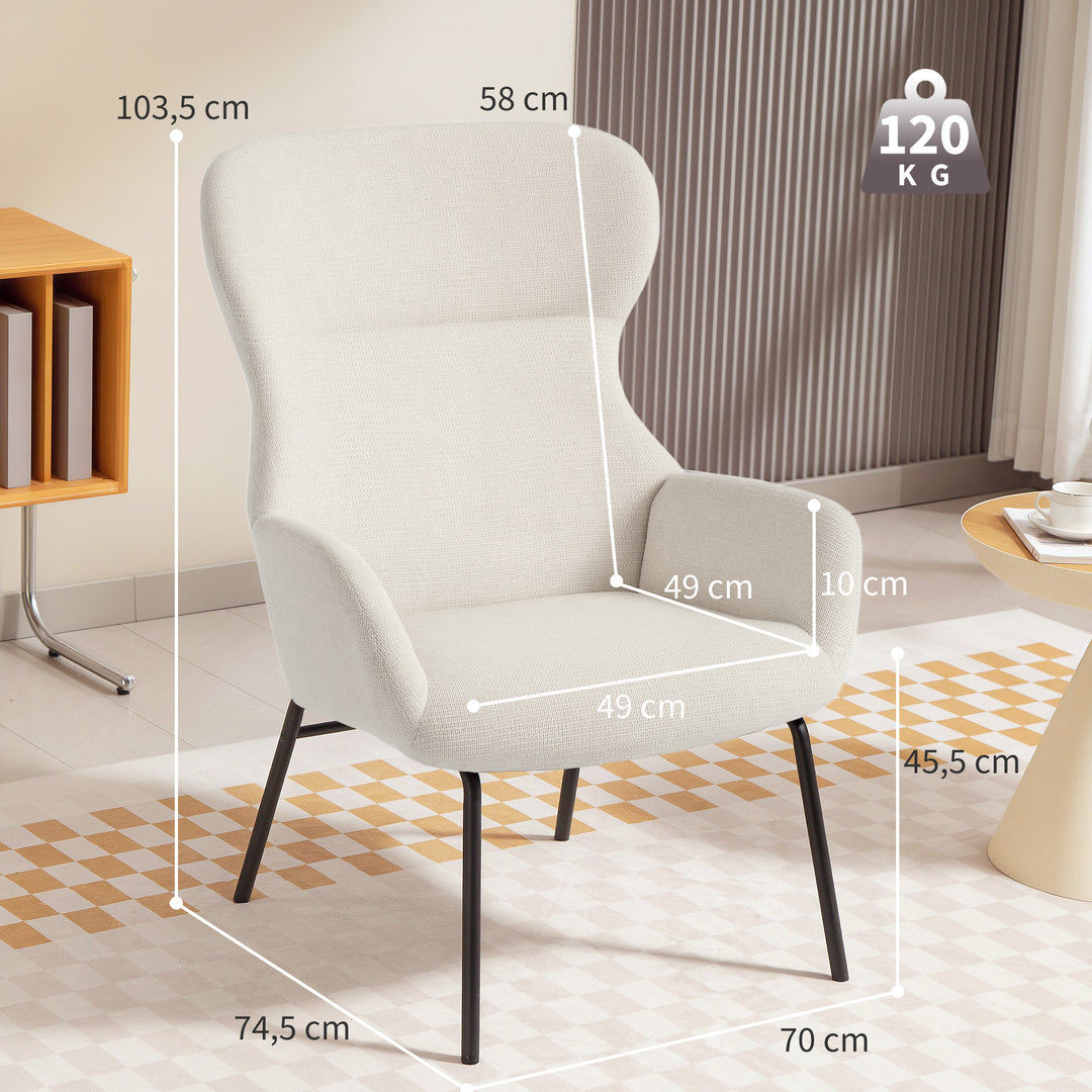 Moderne polstret stol i wingback-stil, høj ryglæn, tyk polstring, stålben, cremehvid