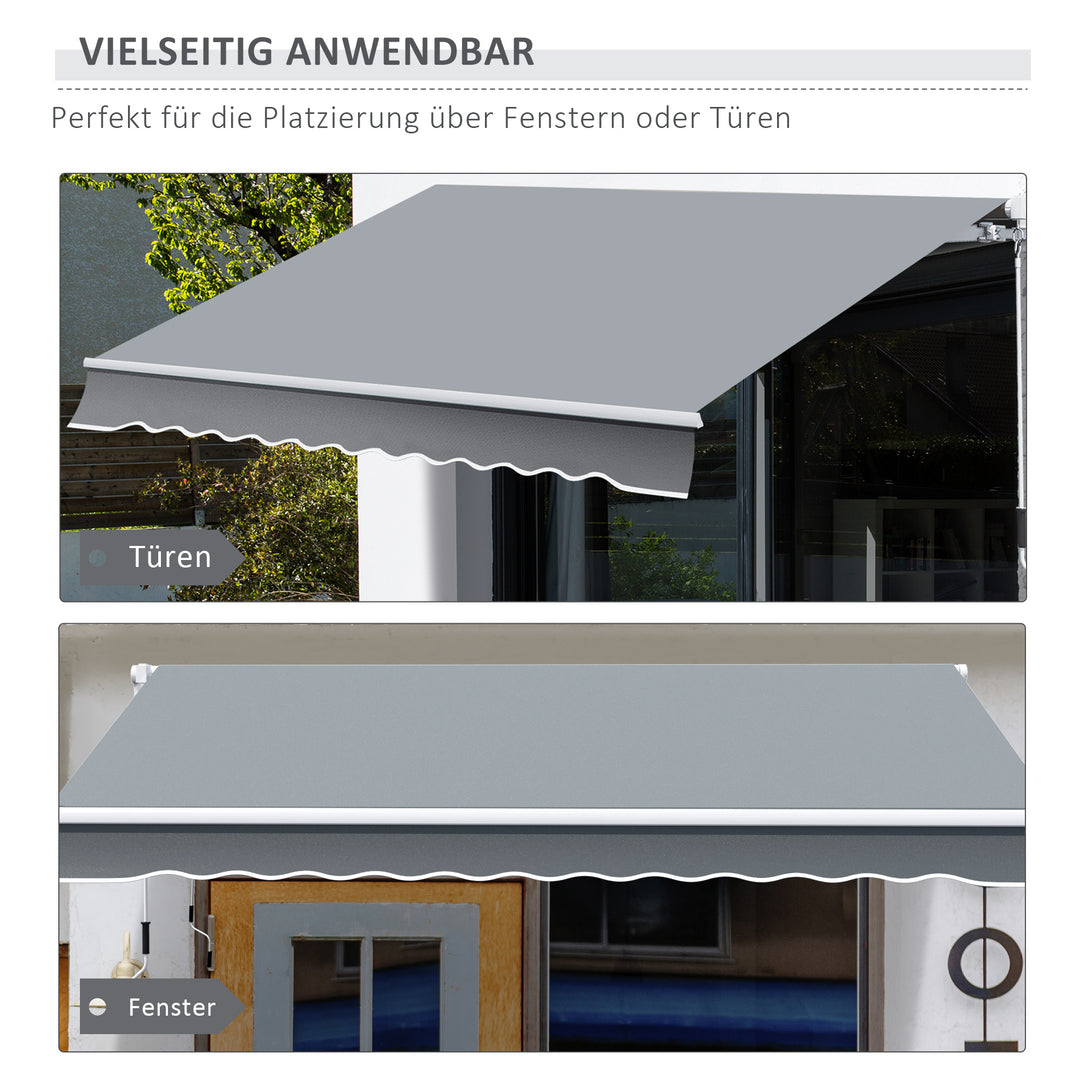 Markise, 3,95 x 2,45 m, solsejl, udtrækkeligt, med håndsving, metalramme, polyester, grå/hvid
