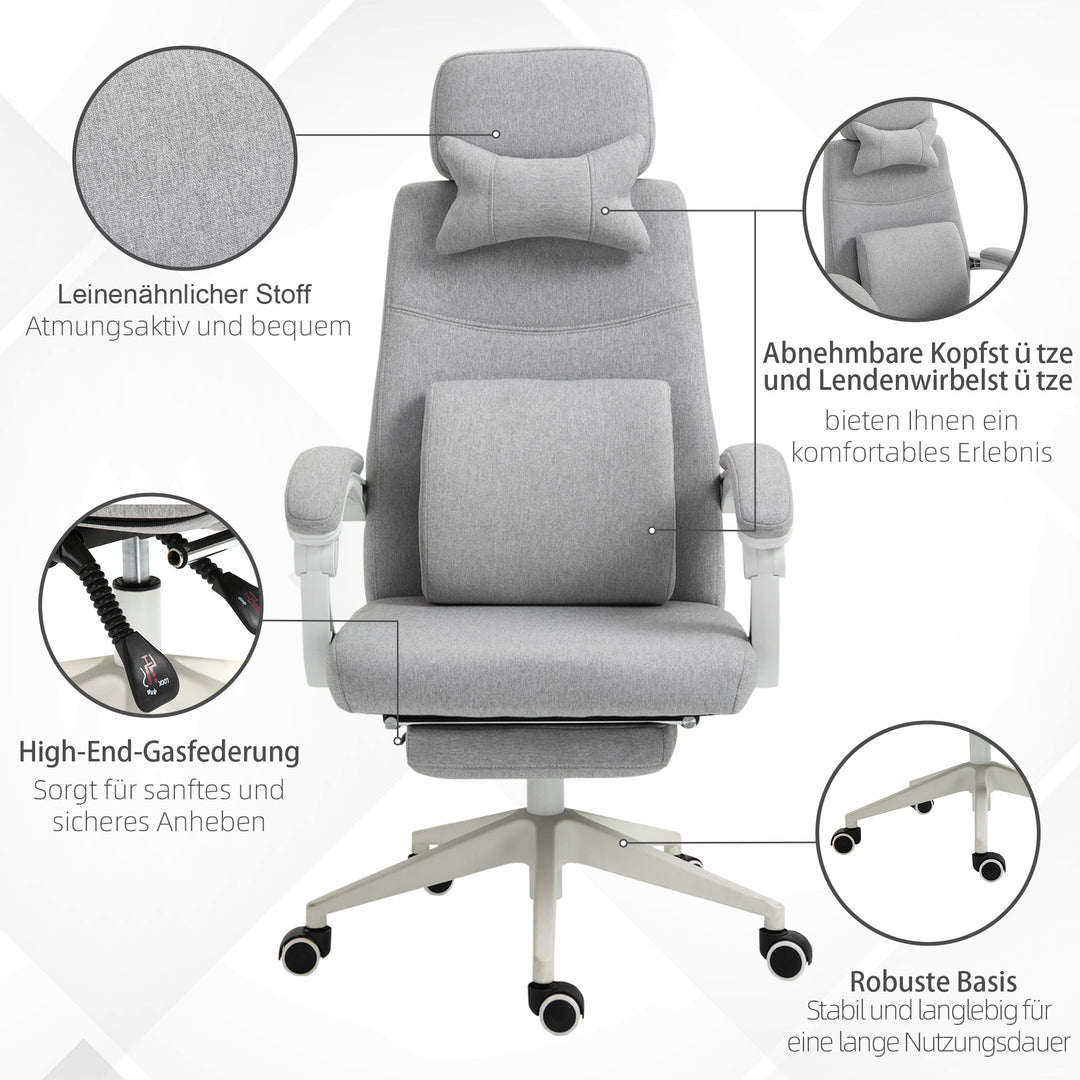 Kontorstol, ergonomisk skrivebordsstol med nakkestøtte, lændehynde, højdejusterbar gamingstol med fodstøtte, høj ryglæn, grå 62 x 68 x 117-127 cm