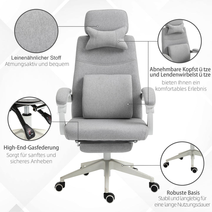 Kontorstol, ergonomisk skrivebordsstol med nakkestøtte, lændehynde, højdejusterbar gamingstol med fodstøtte, høj ryglæn, grå 62 x 68 x 117-127 cm