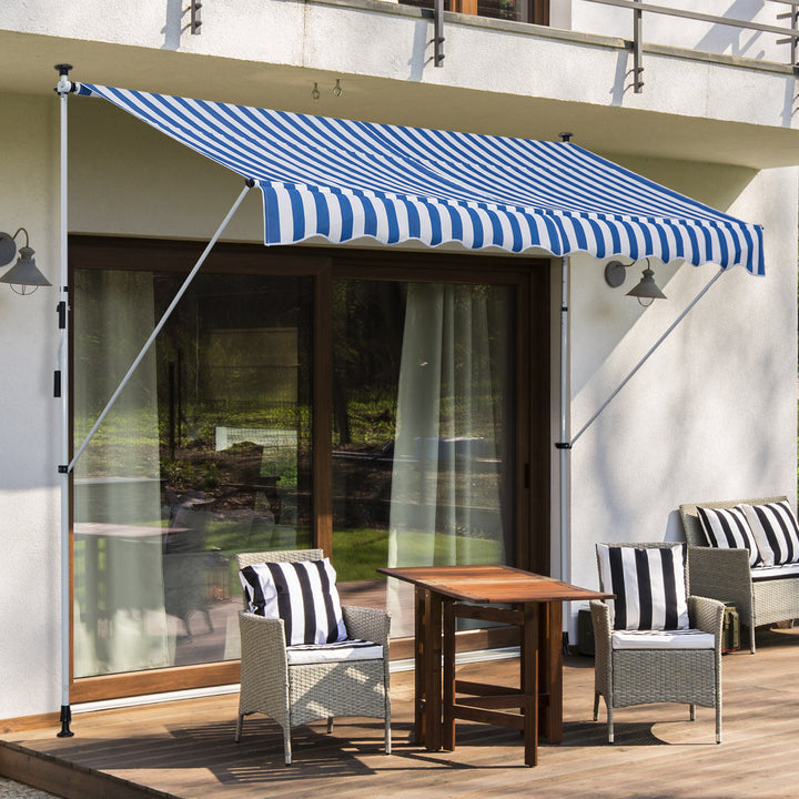 Klemmemarkise med håndsving, højdejusterbar, leddelt armmarkise, smudsafvisende, vejrbestandig, balkonmarkise, 150 cm bred, terrassemarkise til terrasse, altan, veranda, blå og hvid
