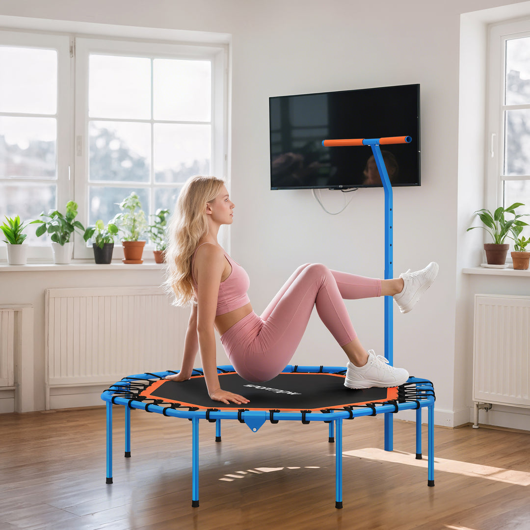 Fitnesstrampolin, træningstrampolin med justerbart håndtag, stabil og støjsvag, til indendørs brug, stål, blå