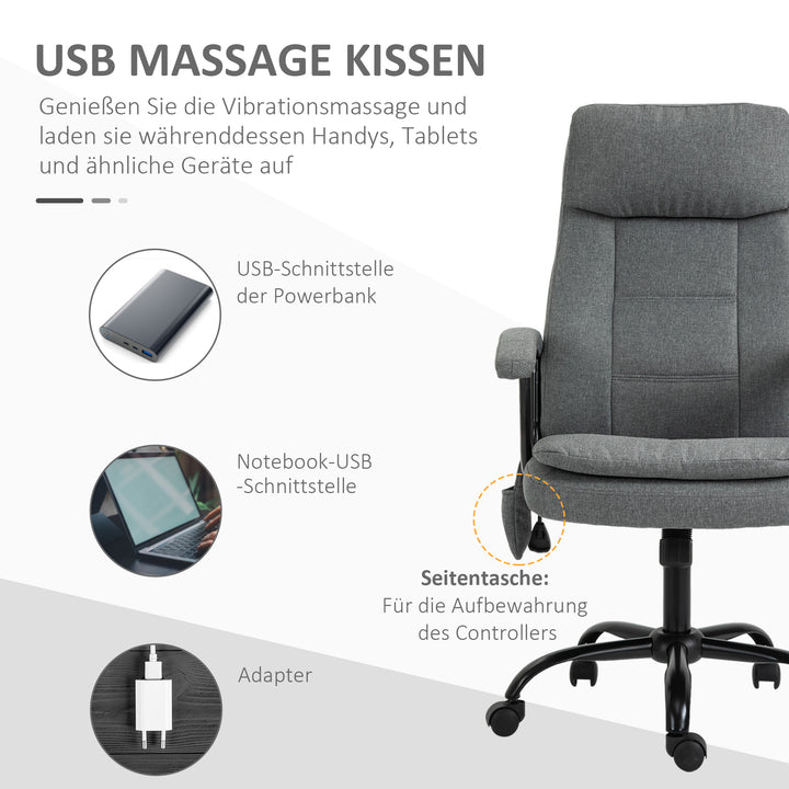 Kontorstol massage højdejusterbar executive chair gaming chair med massagefunktion, ergonomisk drejestol massagestol lændemassage hørfornemmelse grå 63 x 70 x 112-121 cm