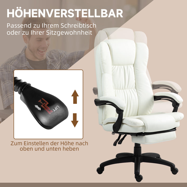 Justerbar drejestol med fodstøtte, nakkestøtte, massagefunktion, kunstlæder, 68,5x68,5x113-121cm, cremehvid