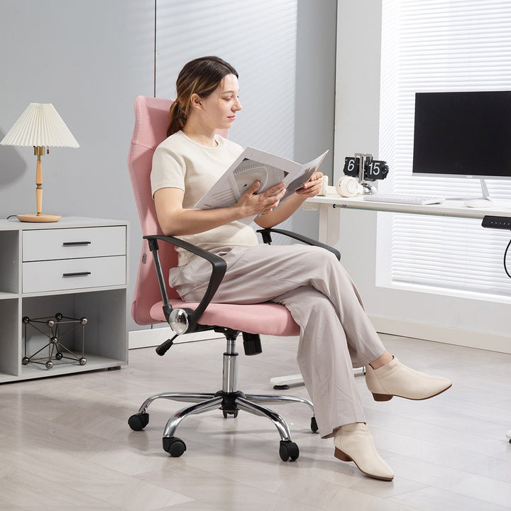 Ergonomisk kontorstol, højdejusterbar drejestol med vippefunktion, netpolstring, 63 x 65 x 109-119 cm, lyserød
