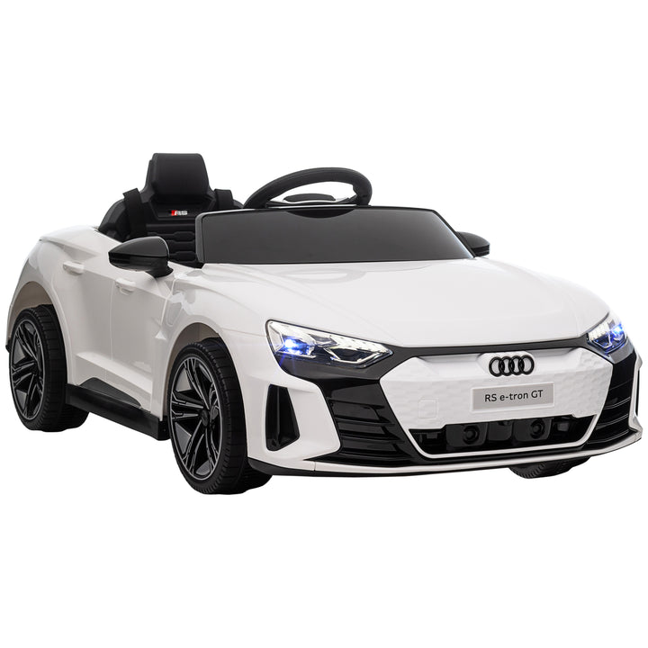 Audi RS e-tron GT elbil til børn med sikkerhedssele, fjernbetjening, forlygter, musikfunktion, hvid, 103 x 58 x 41 cm