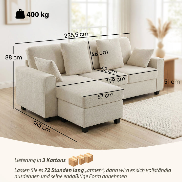 Hjørnesofa med vendbar chaiselong, 3-personers sofa med fløjlslook, bredt og dybt sæde, fjerhynder, beige