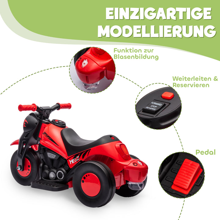 Børne-elmotorcykel, 6V børnemotorcykel med musik, blæser 2,5-3 km/t, til børn i alderen 2-5 år