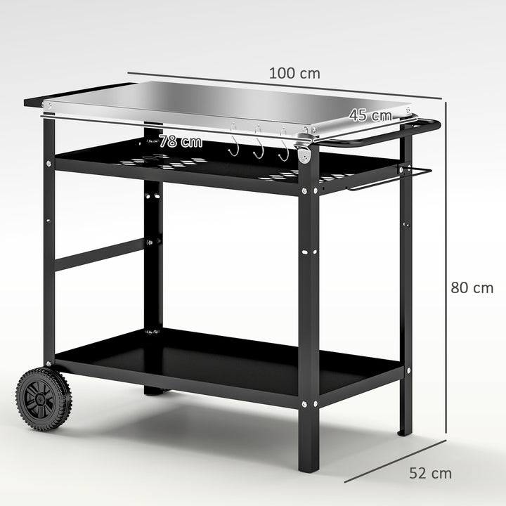 3-lags grillvogn/serveringsvogn med arbejdsflade, håndtag, låg, hjul, grillbord i rustfrit stål, 100x52x80cm, sort