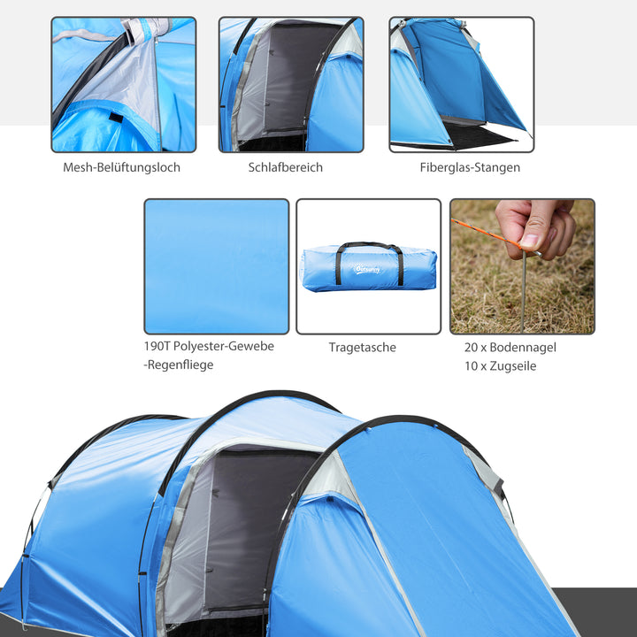 Campingtelt, pop-up-telt til 2-3 personer, forhal og soveområde, vandtæt, 426 x 206 x 154 cm, lyseblå