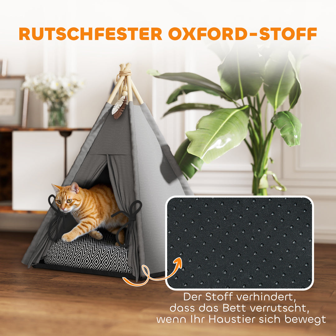 Kæledyrstipetelt, kæledyrsseng i tipi-design, kattetelt med pude, hundeseng til at sove i, katteseng, grå