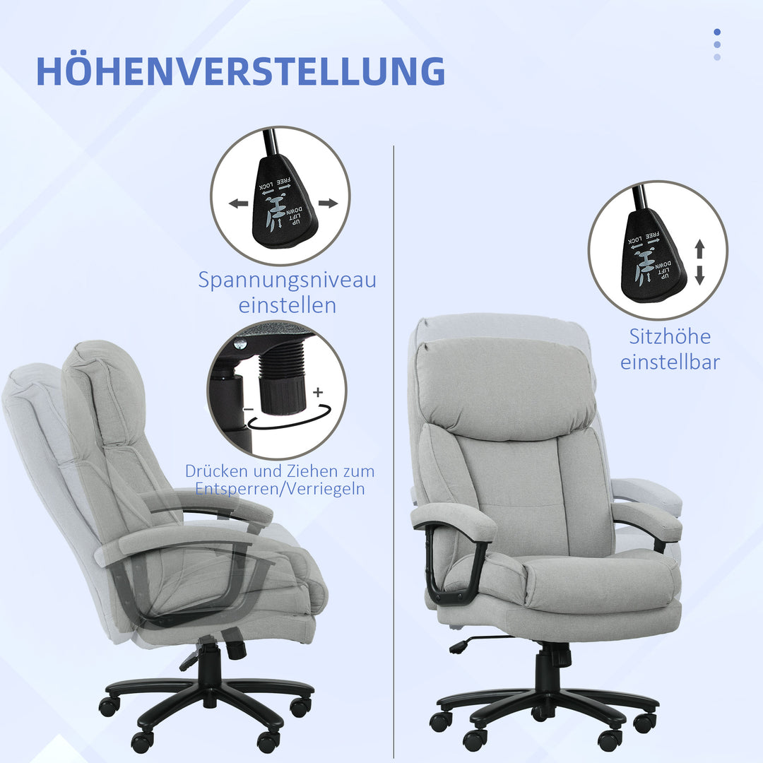 Stor høj kontorstol, 200 kg bæreevne, robust konstruktion, blødt betræk, lysegrå