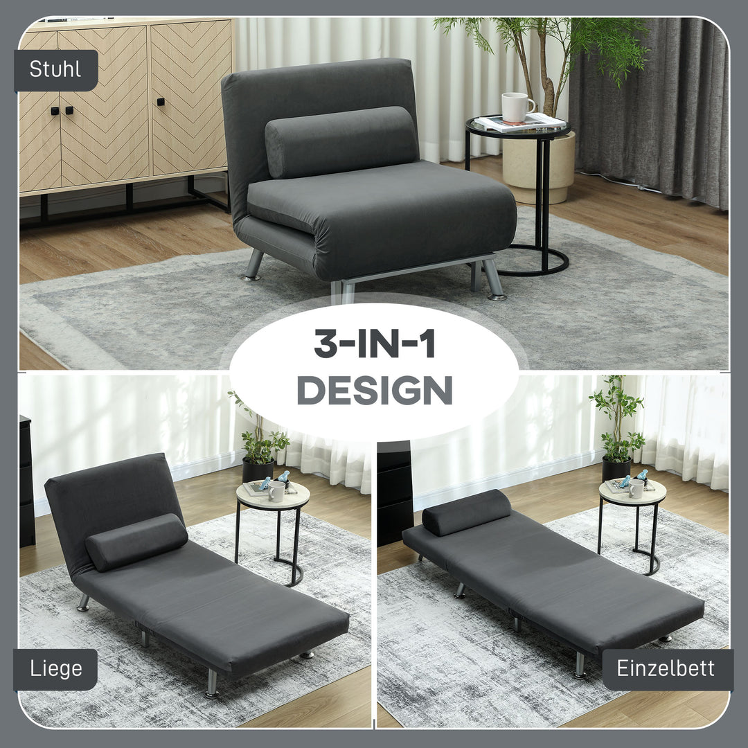 Klapstol med sengefunktion, foldbar afslapningsstol i fløjlslook, justerbar ryglæn, 75 x 70 x 75 cm, mørkegrå