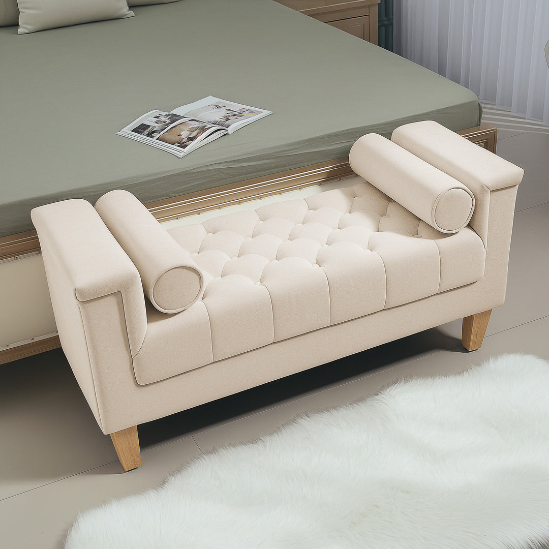 Polstret bænk, vintage design, 2 hynder, chenillebetræk, 115 x 44 x 58 cm, beige