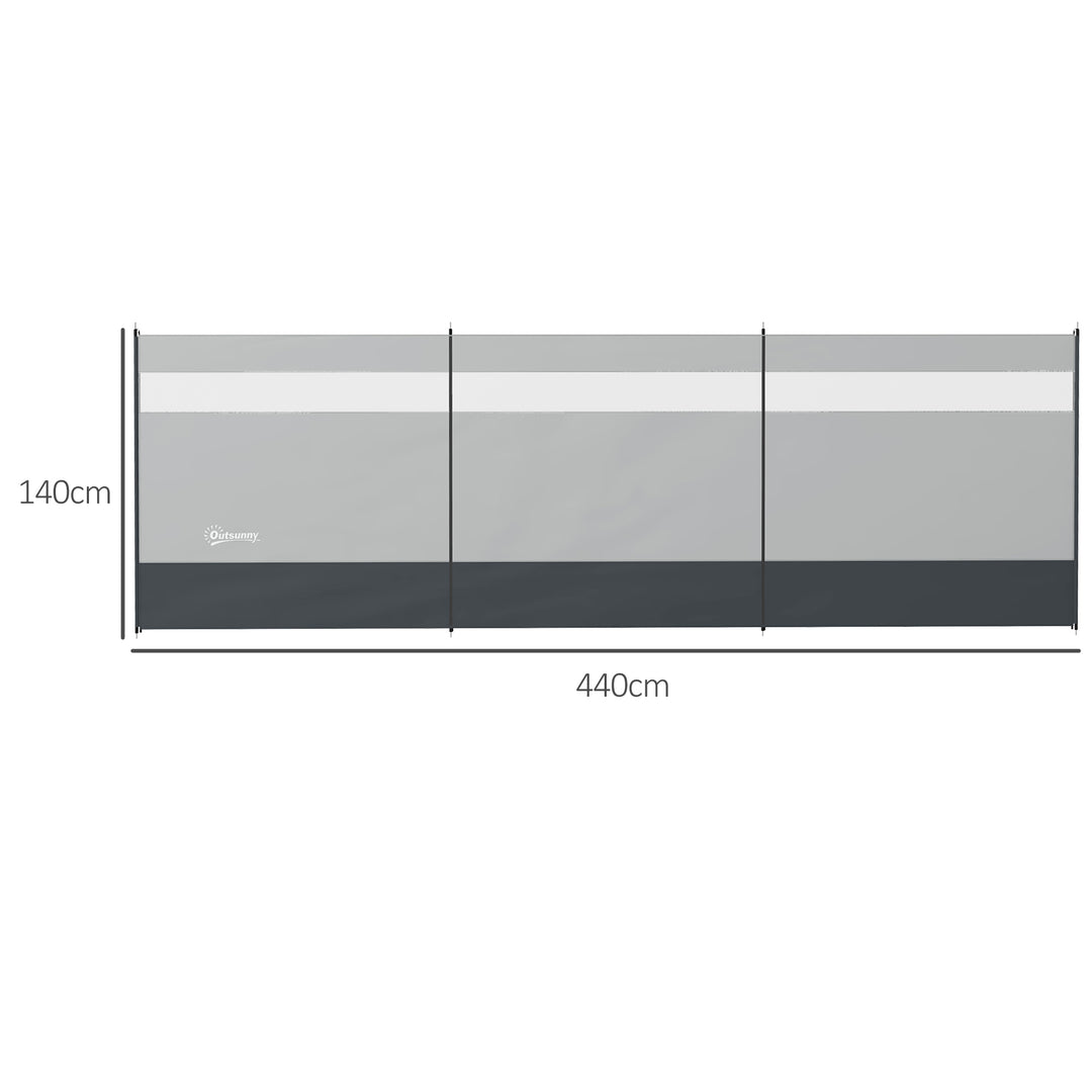 Vindskærm med vindue og bærepose, stålstænger, 440x140 cm, grå