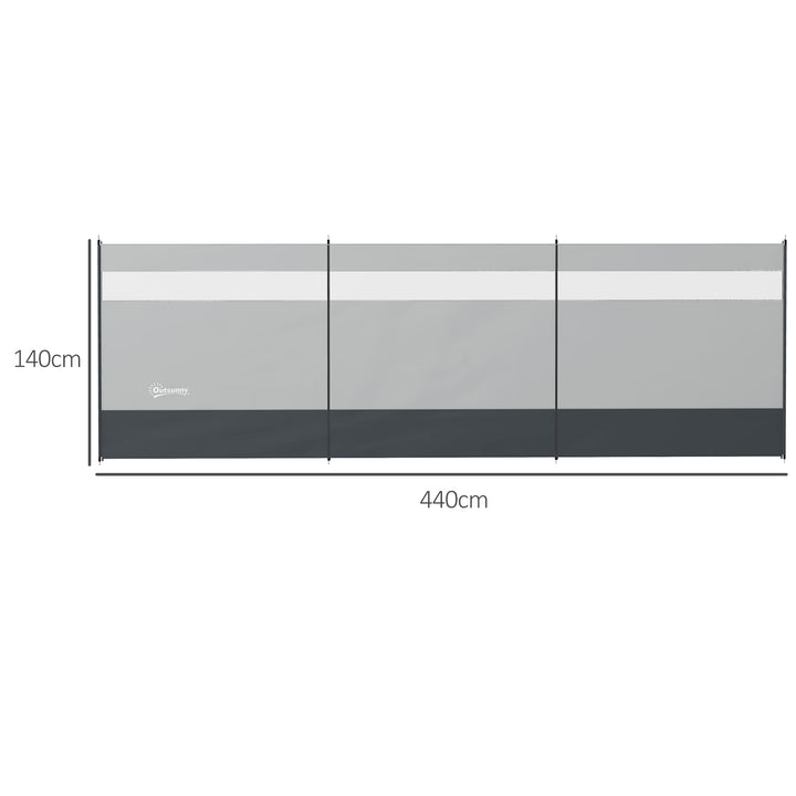Vindskærm med vindue og bærepose, stålstænger, 440x140 cm, grå