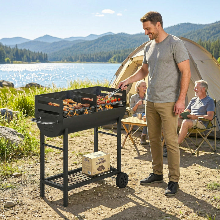 Kulgrillvogn med 2 grillzoner, højdejusterbar grillrist, træhylde, hjul, sidehåndtag, 103 x 46,5 x 100 cm