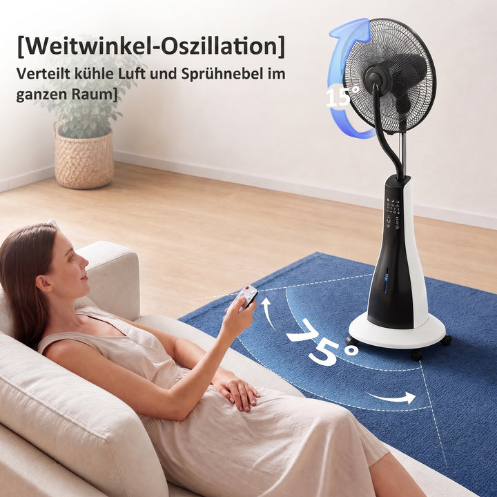 Ventilator med dugfunktion, 75 grader roterbar, 3 hastigheder, 3 tilstande, 3-liters vandtank, sort og hvid