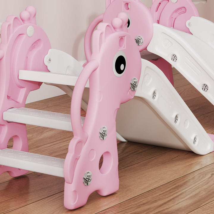 3-i-1 rutsjebane til børn, girafformet, basketballkurv, bold, pink