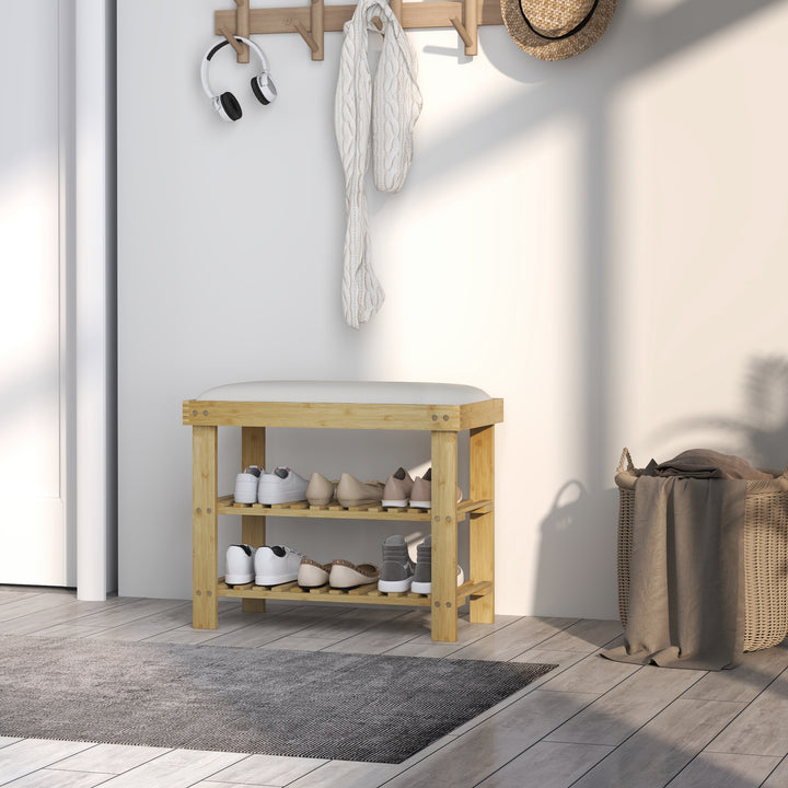 Skobænk med sæde, bambusbænk med opbevaring, 2 åbne rum, bænk 60 x 29 x 49 cm cremehvid