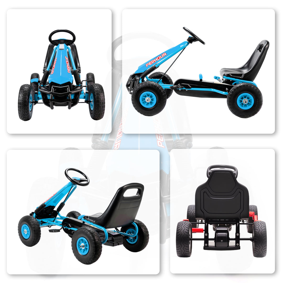 Pedal-gokart til børn, højdejusterbart sæde, EVA-hjul, bremse, kobling, alder 3-8, blå