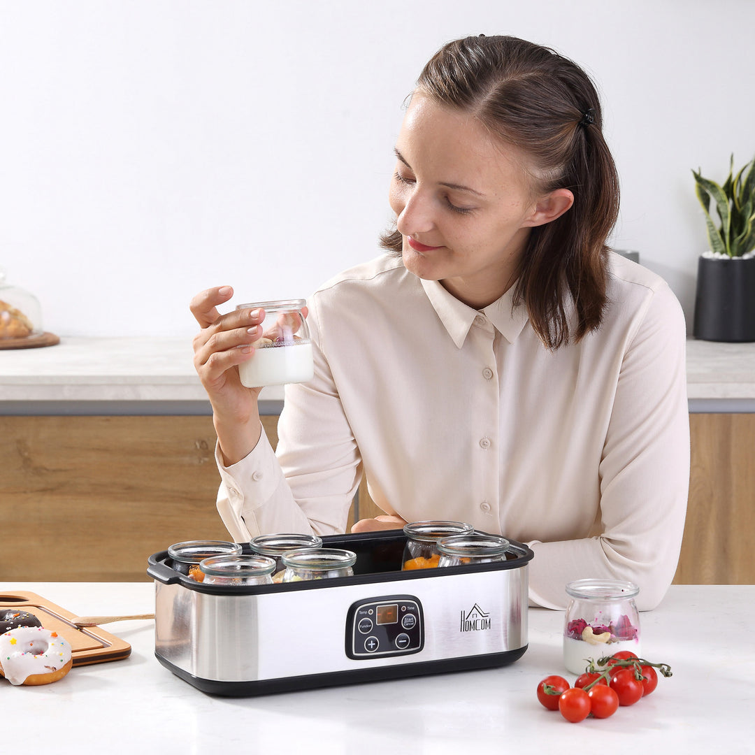 Græsk yoghurtmaskine med låg, 8 BPA-fri glasbeholdere (180 ml hver), med LCD-display og timer, til op til 1,4 liter yoghurt, 25 W, sølv