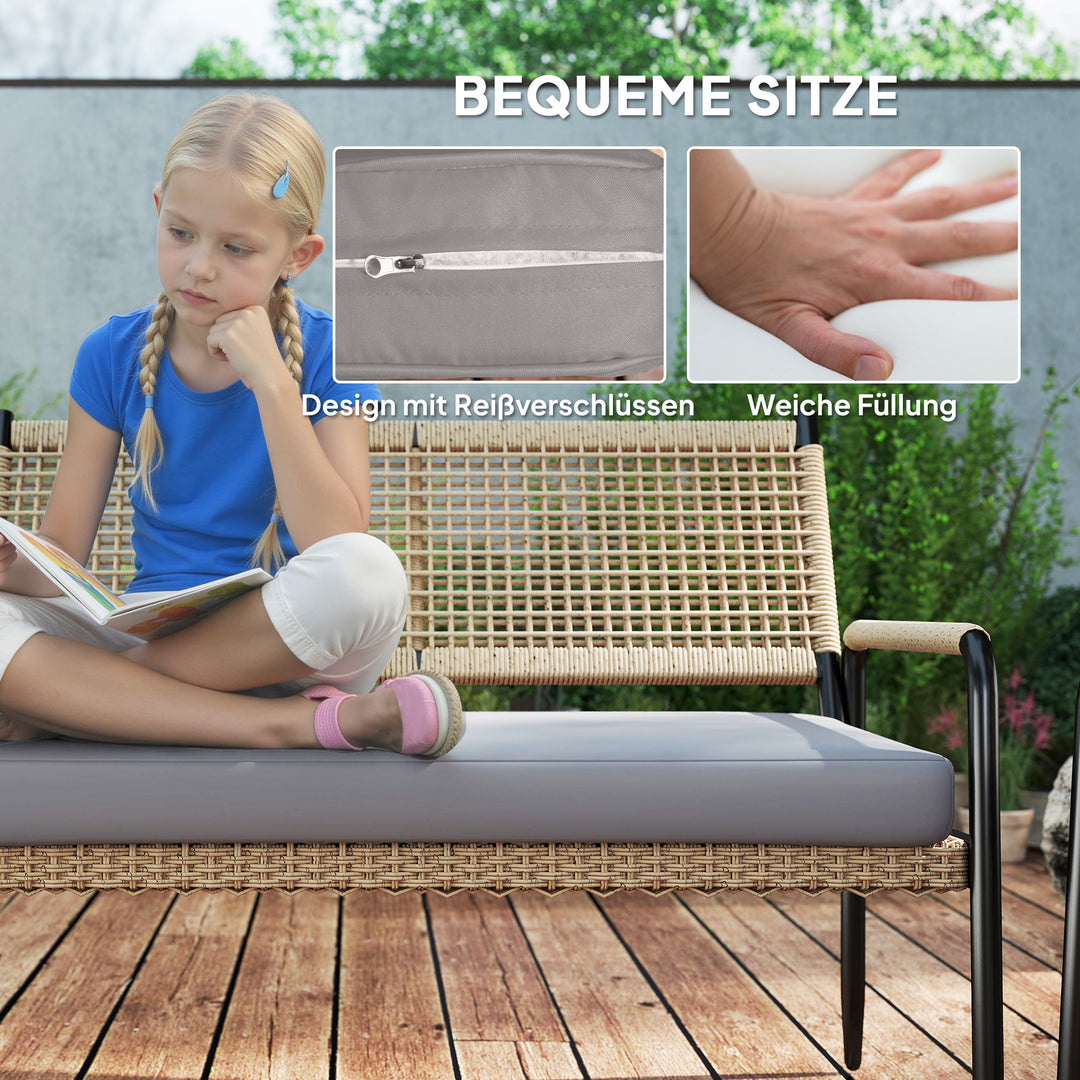 Havemøbelsæt af polyrattan loungesæt med 2-personers sofa, lænestol, glasbord, hynder til 4 personer, mørkegrå + gul