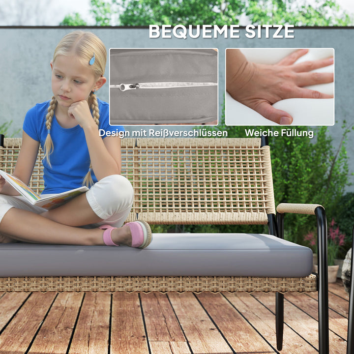 Havemøbelsæt af polyrattan loungesæt med 2-personers sofa, lænestol, glasbord, hynder til 4 personer, mørkegrå + gul