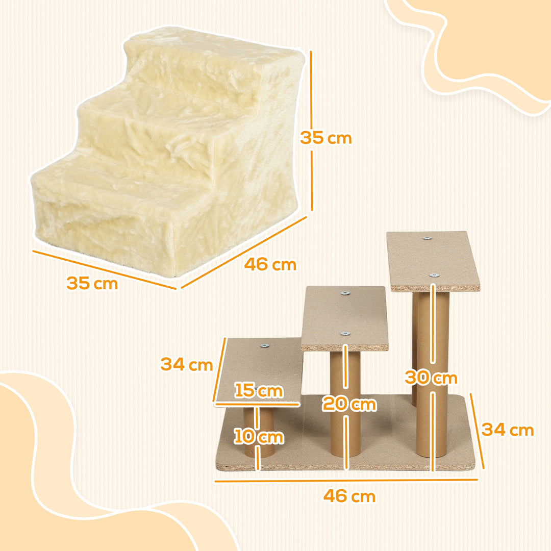 Sammenklappelig kæledyrstrappe, 3 trin, vaskbart plysbetræk, spånplade, 46 x 35 x 35 cm, beige