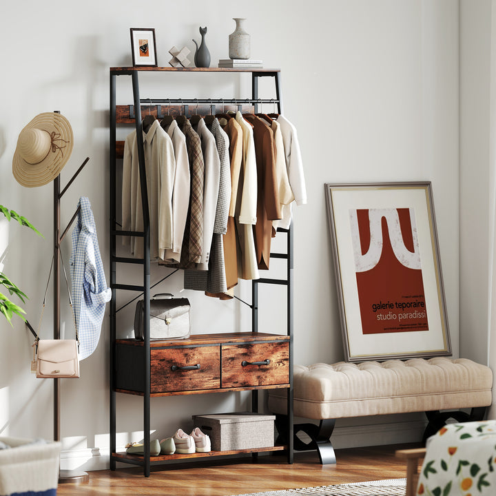 Garderobe med skohylde, stumtjener med bænk, 10 kroge, 2 stofskuffer, bøjlestang, spånplade, metal, brun