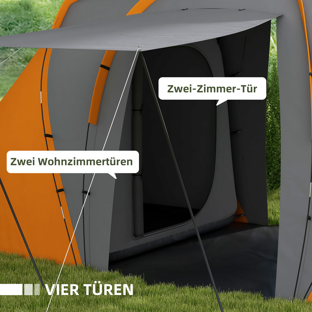 Tunneltelt, 2000 mm vandafvisende campingtelt til 4-6 personer, med 2 soveværelser, opholdsstue, bæretaske, grå+orange