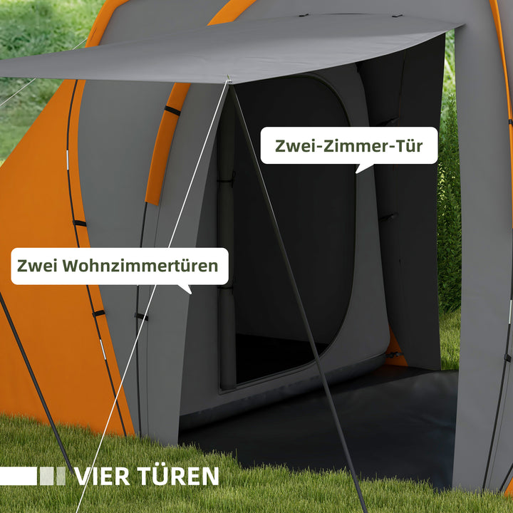 Tunneltelt, 2000 mm vandafvisende campingtelt til 4-6 personer, med 2 soveværelser, opholdsstue, bæretaske, grå+orange