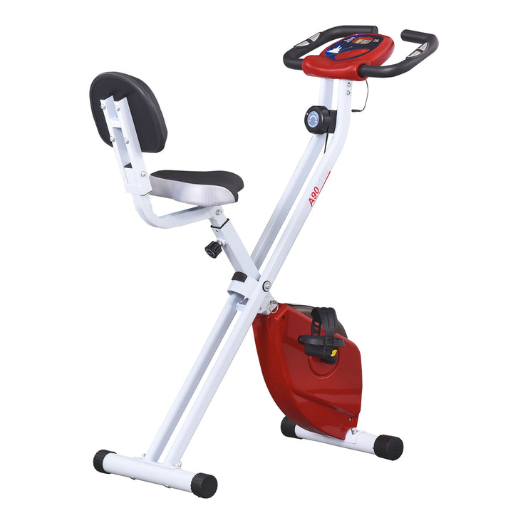 Motionscykel med magnetisk modstand, 8 niveauer, højdejusterbar, lcd-display, rød + hvid